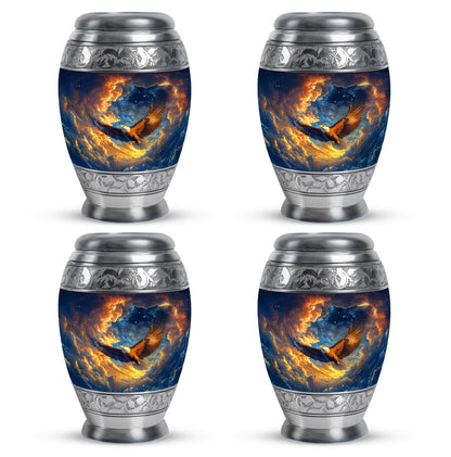 Powder Blue Eagle Cremation Urn urn with complimentary velvet bag - ornate monarch-style eagle relief on brushed aluminum - 10 inch aluminum urn for cremated remains