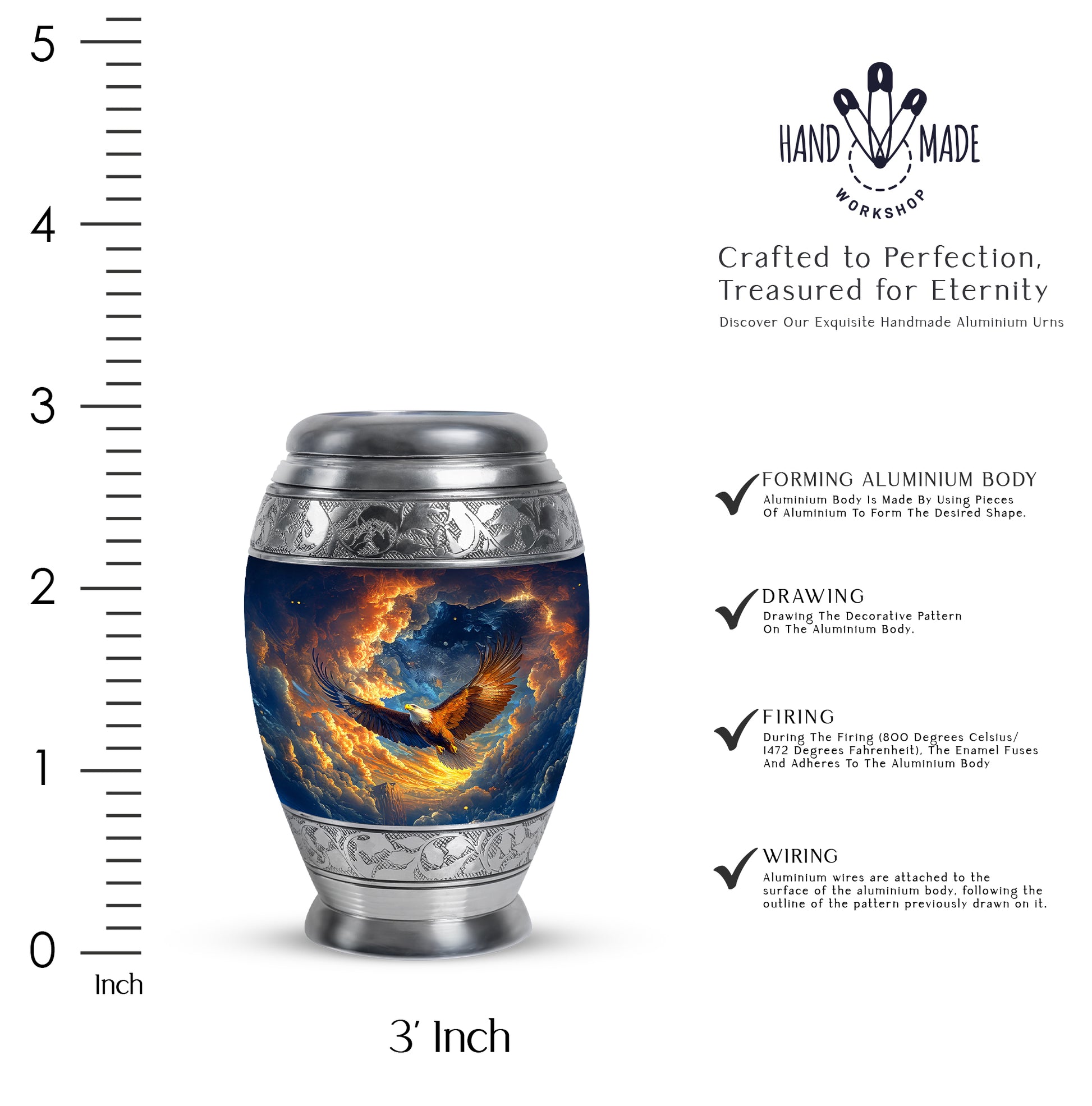 Soft Blue Eagle Cremation Urn lifestyle display on memorial shelf - majestic eagle pattern with filigree border - mini keepsake memorial for portion of cremation ashes