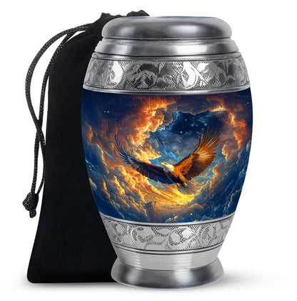 Indigo Eagle Cremation Urn back view with polished surface - regal eagle design with crown-inspired accents - full-size 10 inch 200 cubic inch adult cremation urn