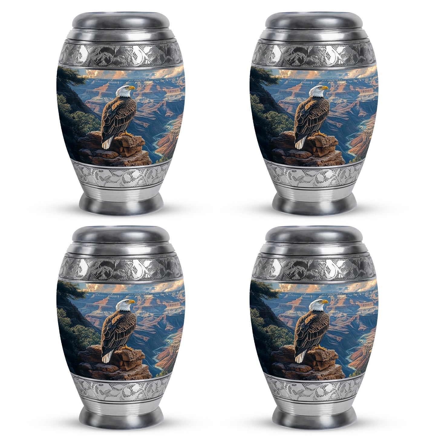 Cobalt Blue Eagle Cremation Urn urn with complimentary velvet bag - majestic eagle pattern with filigree border - 10 inch aluminum urn for cremated remains