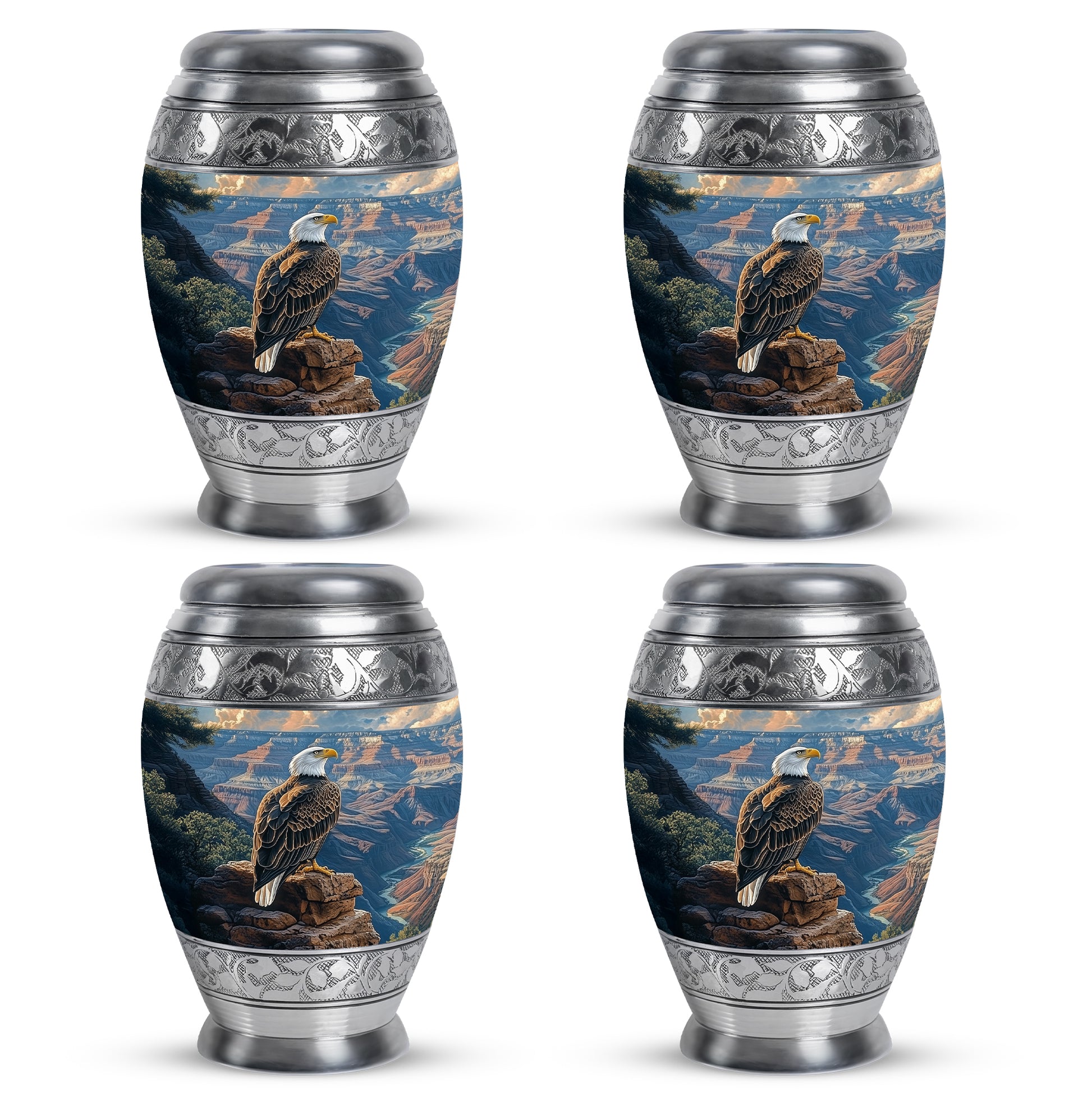 Cobalt Blue Eagle Cremation Urn urn with complimentary velvet bag - majestic eagle pattern with filigree border - 10 inch aluminum urn for cremated remains
