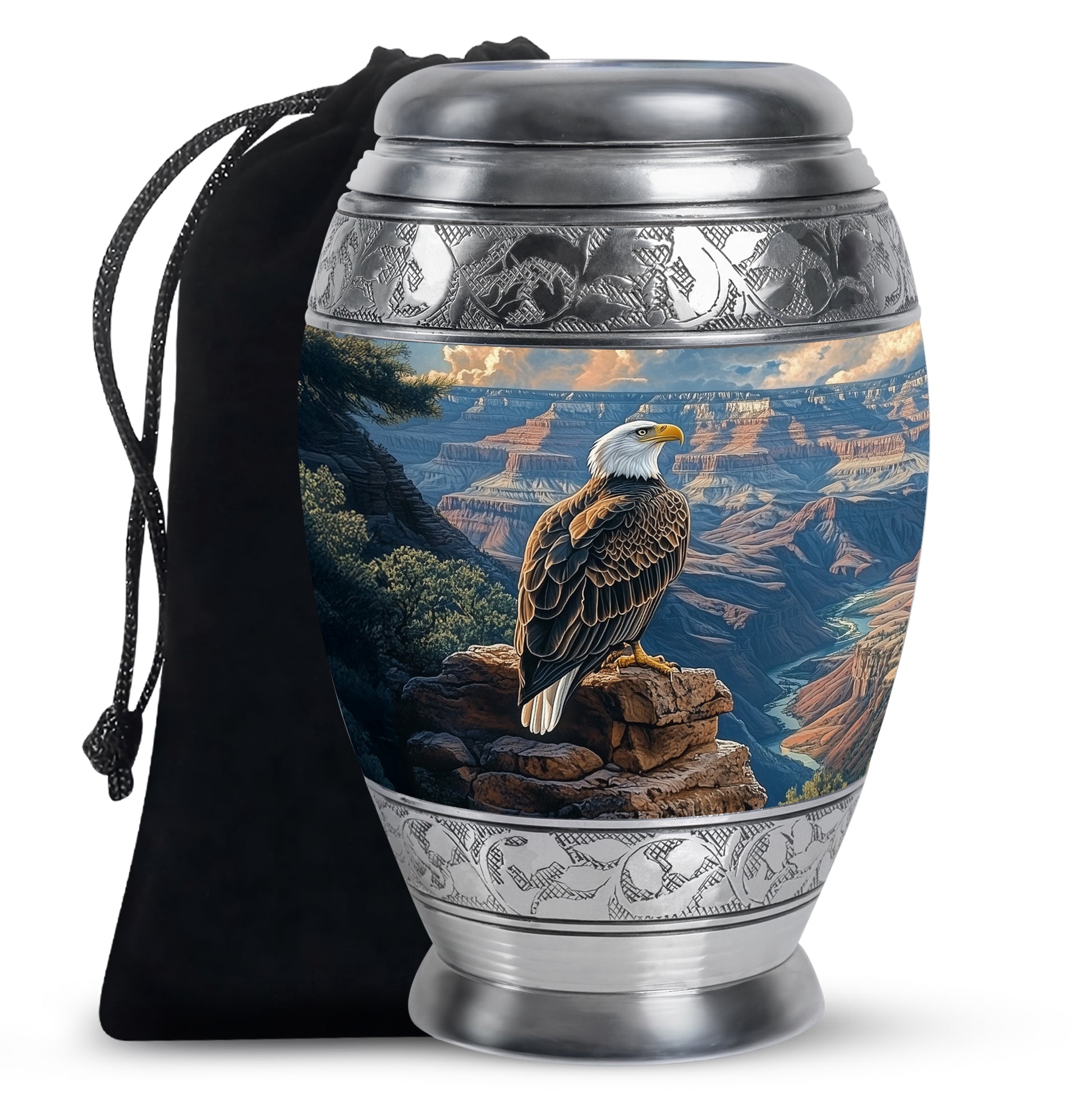 Pastel Blue Eagle Cremation Urn back view with polished surface - ornate monarch-style eagle relief on brushed aluminum - full-size 10 inch 200 cubic inch adult cremation urn