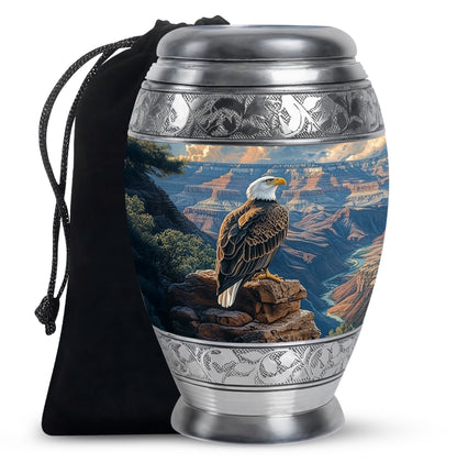 Pastel Blue Eagle Cremation Urn back view with polished surface - ornate monarch-style eagle relief on brushed aluminum - full-size 10 inch 200 cubic inch adult cremation urn