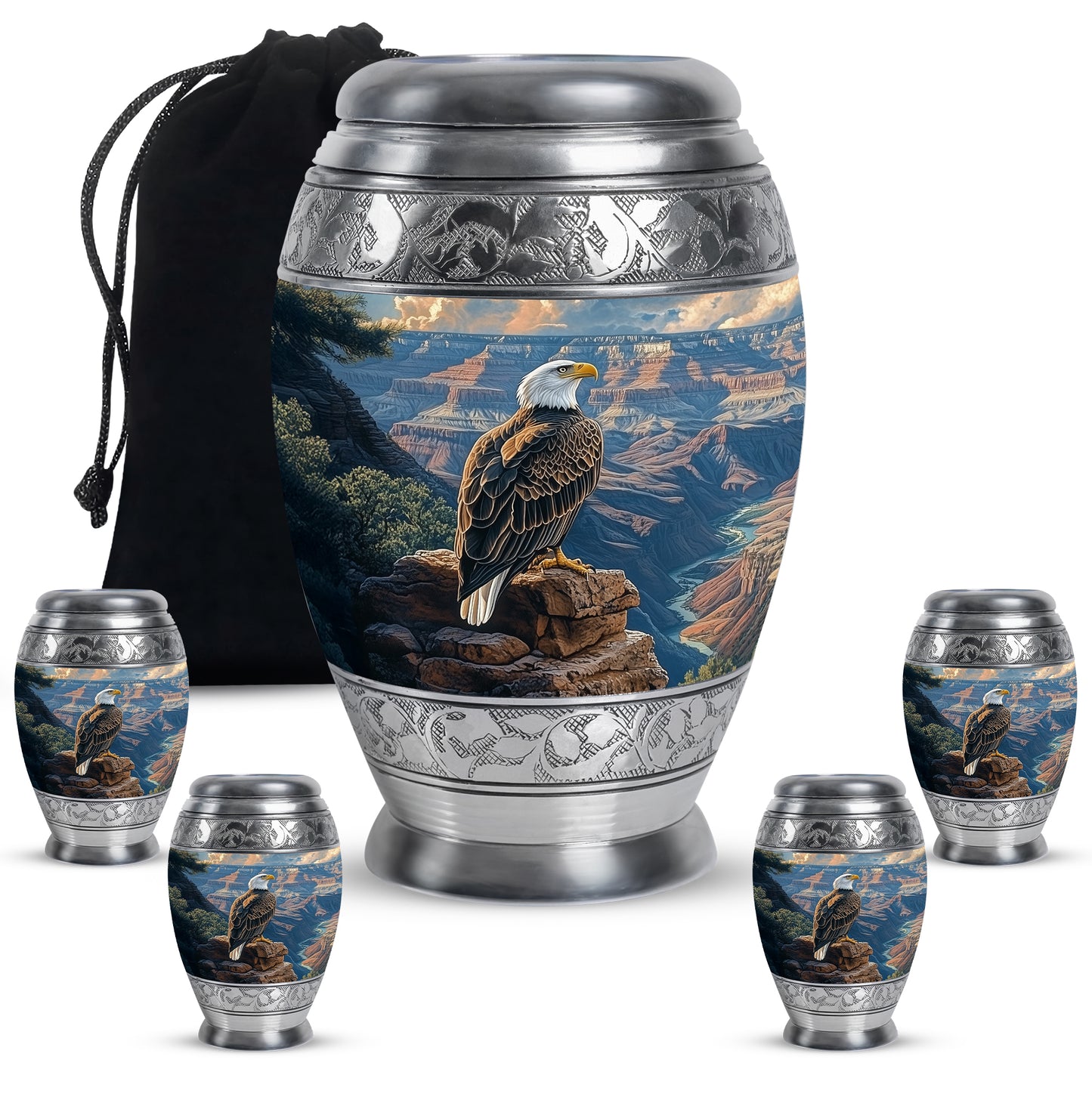 Slate Blue Eagle Cremation Urn detail view - regal eagle design with crown-inspired accents - memorial set with one large and four small urns