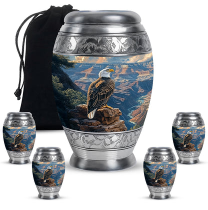 Slate Blue Eagle Cremation Urn detail view - regal eagle design with crown-inspired accents - memorial set with one large and four small urns