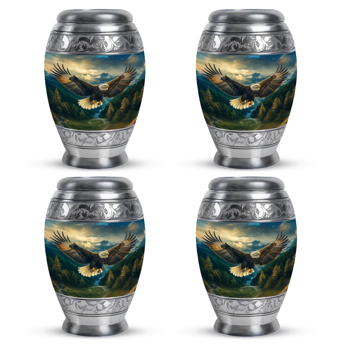 Celestial Blue Eagle Cremation Urn urn with complimentary velvet bag - ornate monarch-style eagle relief on brushed aluminum - 10 inch aluminum urn for cremated remains