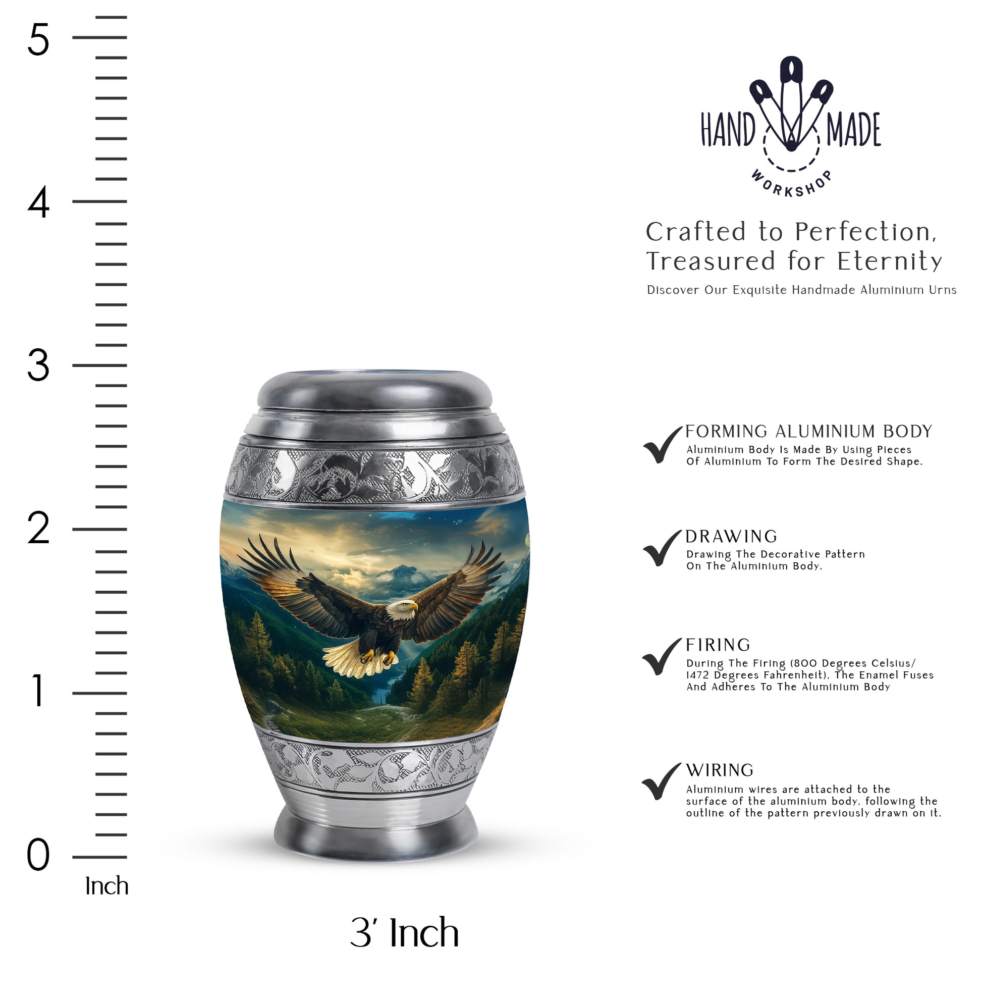 Icy Blue Eagle Cremation Urn lifestyle display on memorial shelf - ornate monarch-style eagle relief on brushed aluminum - mini keepsake memorial for portion of cremation ashes
