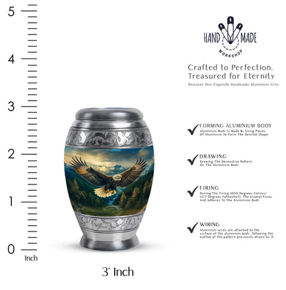 Icy Blue Eagle Cremation Urn lifestyle display on memorial shelf - ornate monarch-style eagle relief on brushed aluminum - mini keepsake memorial for portion of cremation ashes