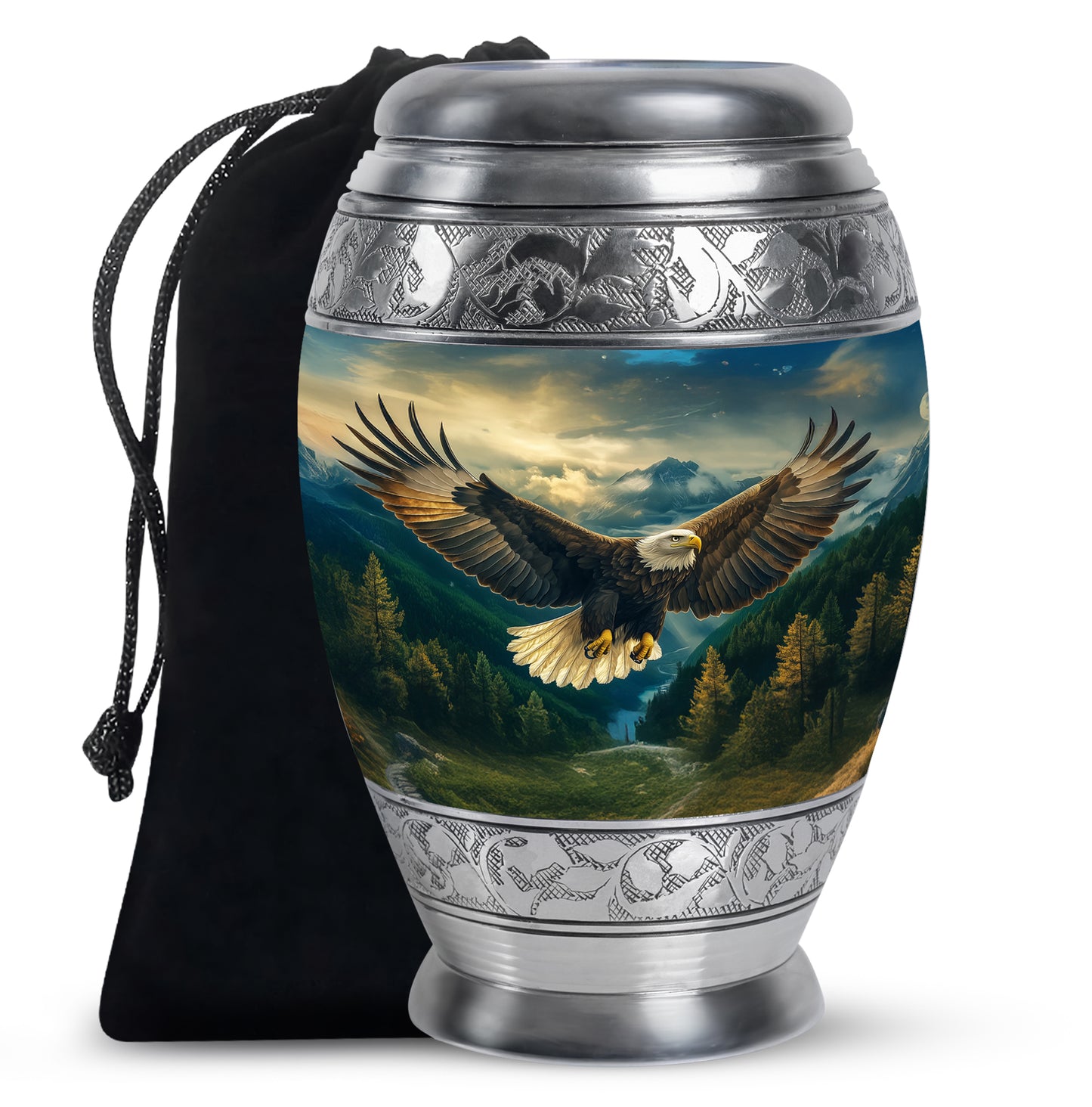 Navy Blue Eagle Cremation Urn back view with polished surface - ornate monarch-style eagle relief on brushed aluminum - full-size 10 inch 200 cubic inch adult cremation urn