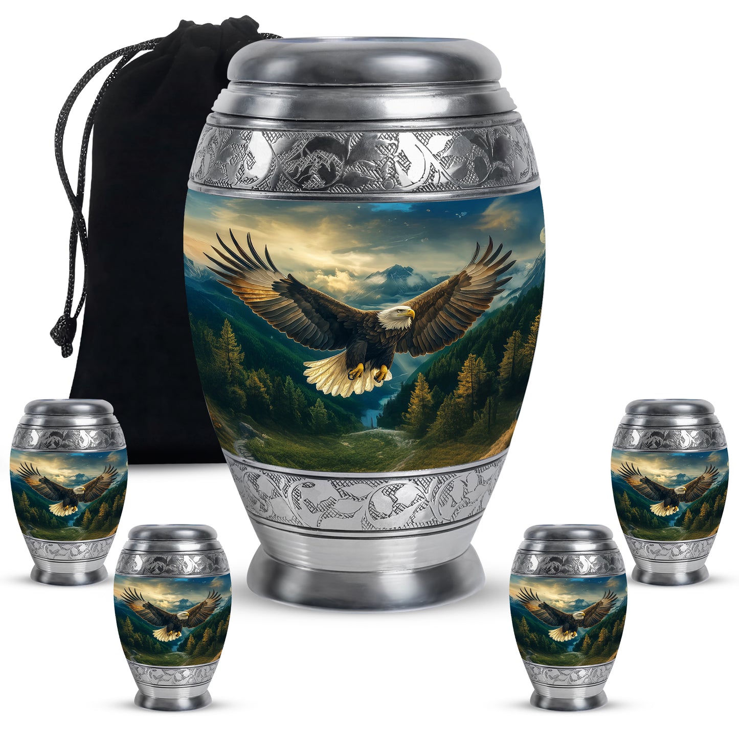 Royal Blue Eagle Cremation Urn detail view - majestic eagle pattern with filigree border - memorial set with one large and four small urns