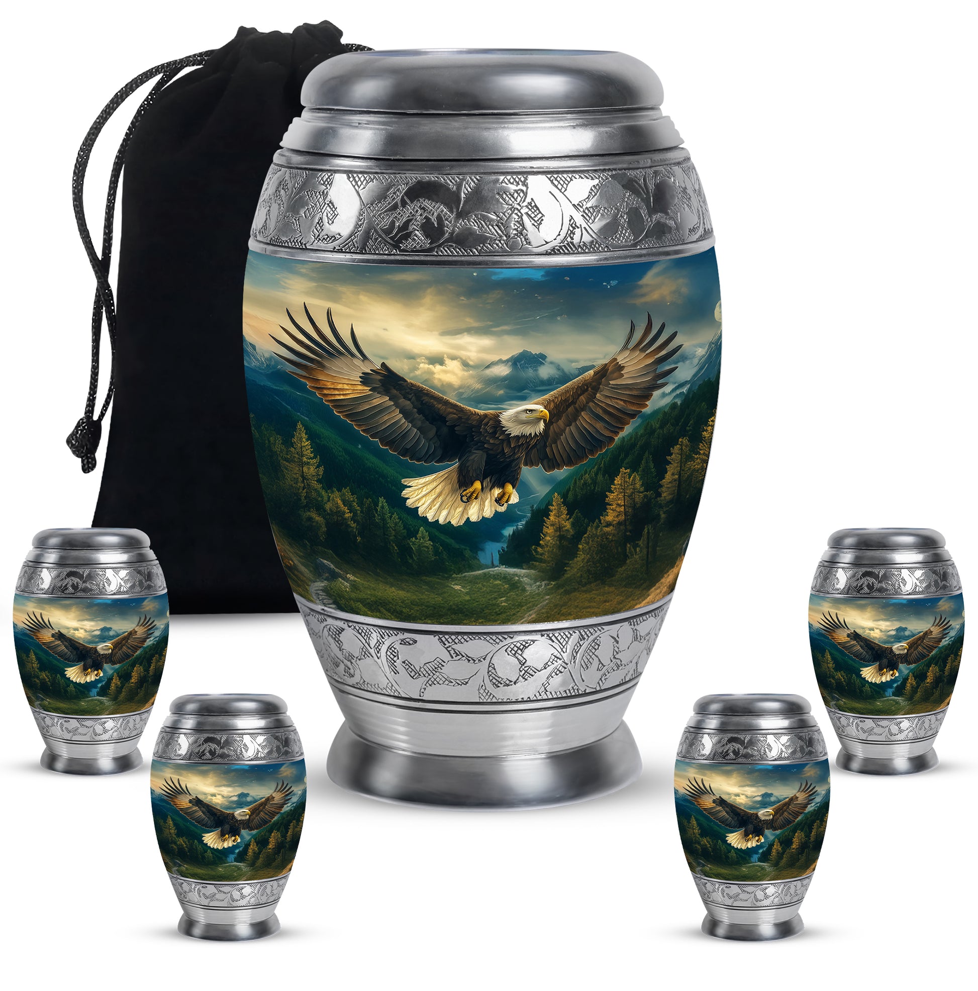 Royal Blue Eagle Cremation Urn detail view - majestic eagle pattern with filigree border - memorial set with one large and four small urns