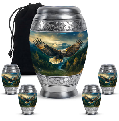 Royal Blue Eagle Cremation Urn detail view - majestic eagle pattern with filigree border - memorial set with one large and four small urns