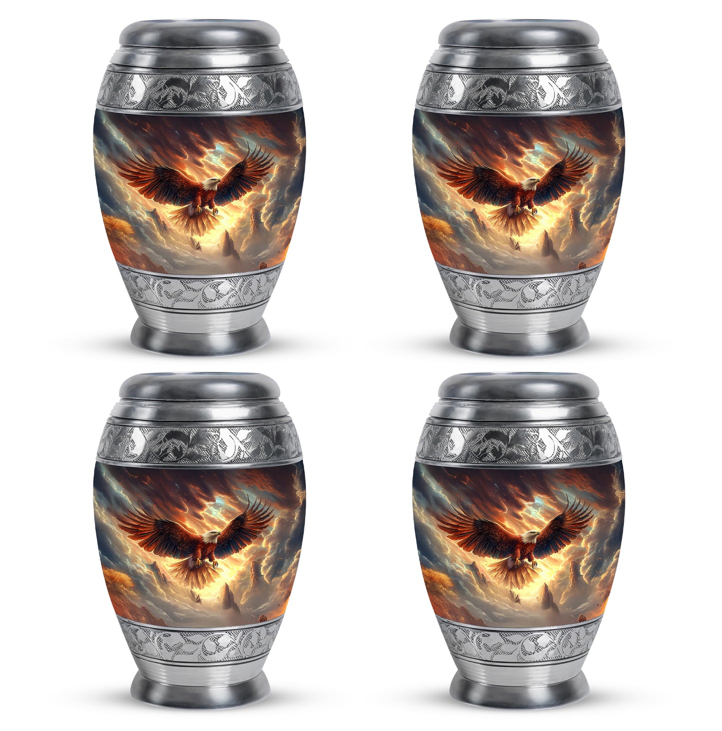 Jet Black Eagle Cremation Urn urn with complimentary velvet bag - ornate monarch-style eagle relief on brushed aluminum - 10 inch aluminum urn for cremated remains