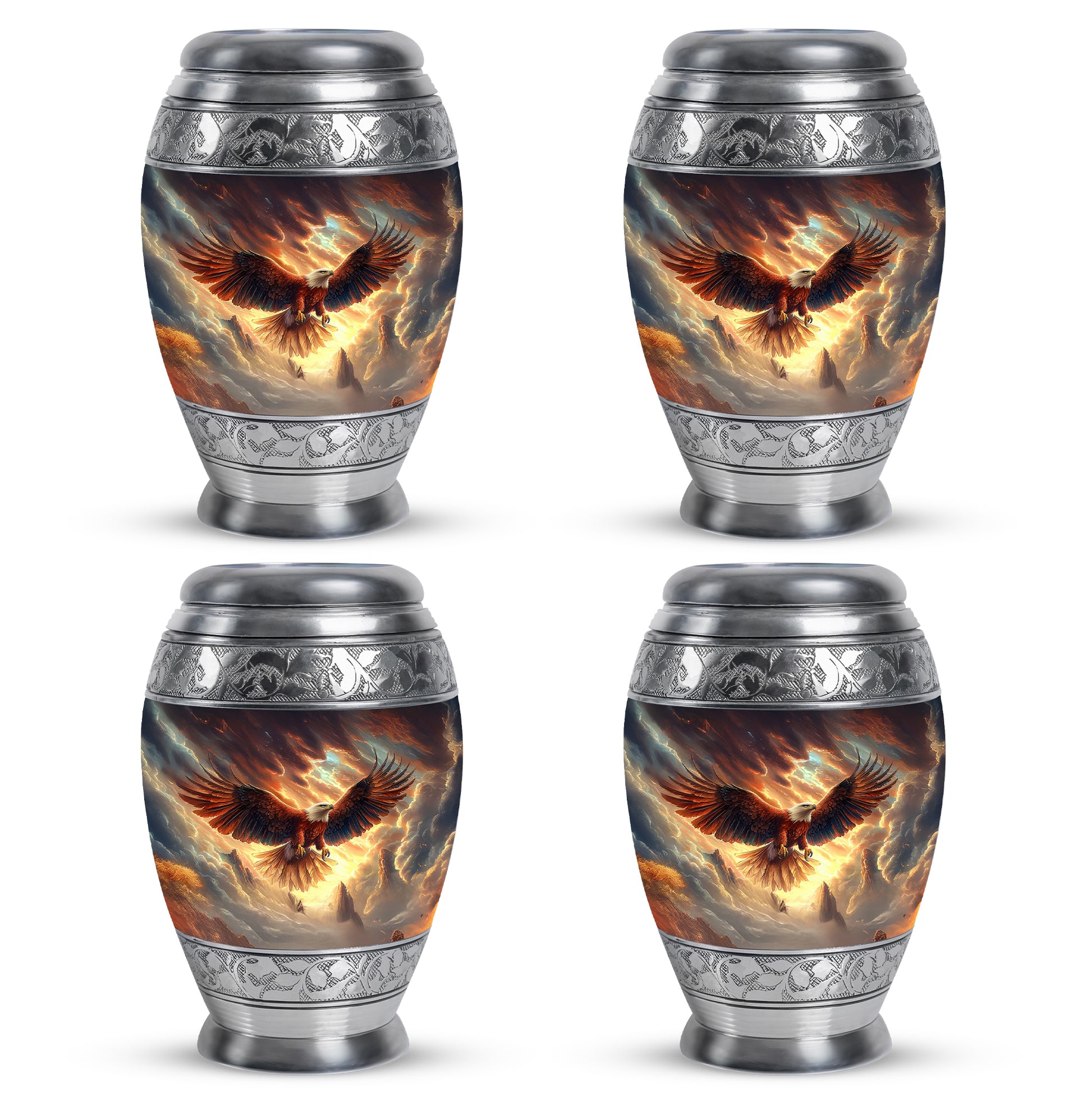 Jet Black Eagle Cremation Urn urn with complimentary velvet bag - ornate monarch-style eagle relief on brushed aluminum - 10 inch aluminum urn for cremated remains