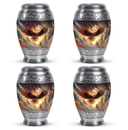 Jet Black Eagle Cremation Urn urn with complimentary velvet bag - ornate monarch-style eagle relief on brushed aluminum - 10 inch aluminum urn for cremated remains