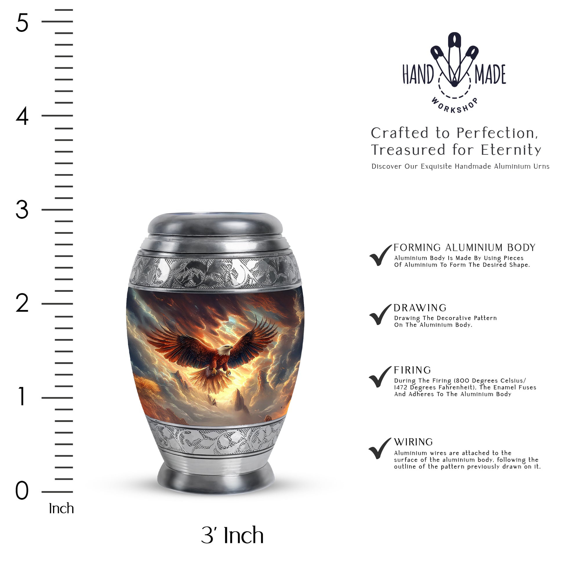 Charcoal Black Eagle Cremation Urn lifestyle display on memorial shelf - majestic eagle pattern with filigree border - mini keepsake memorial for portion of cremation ashes