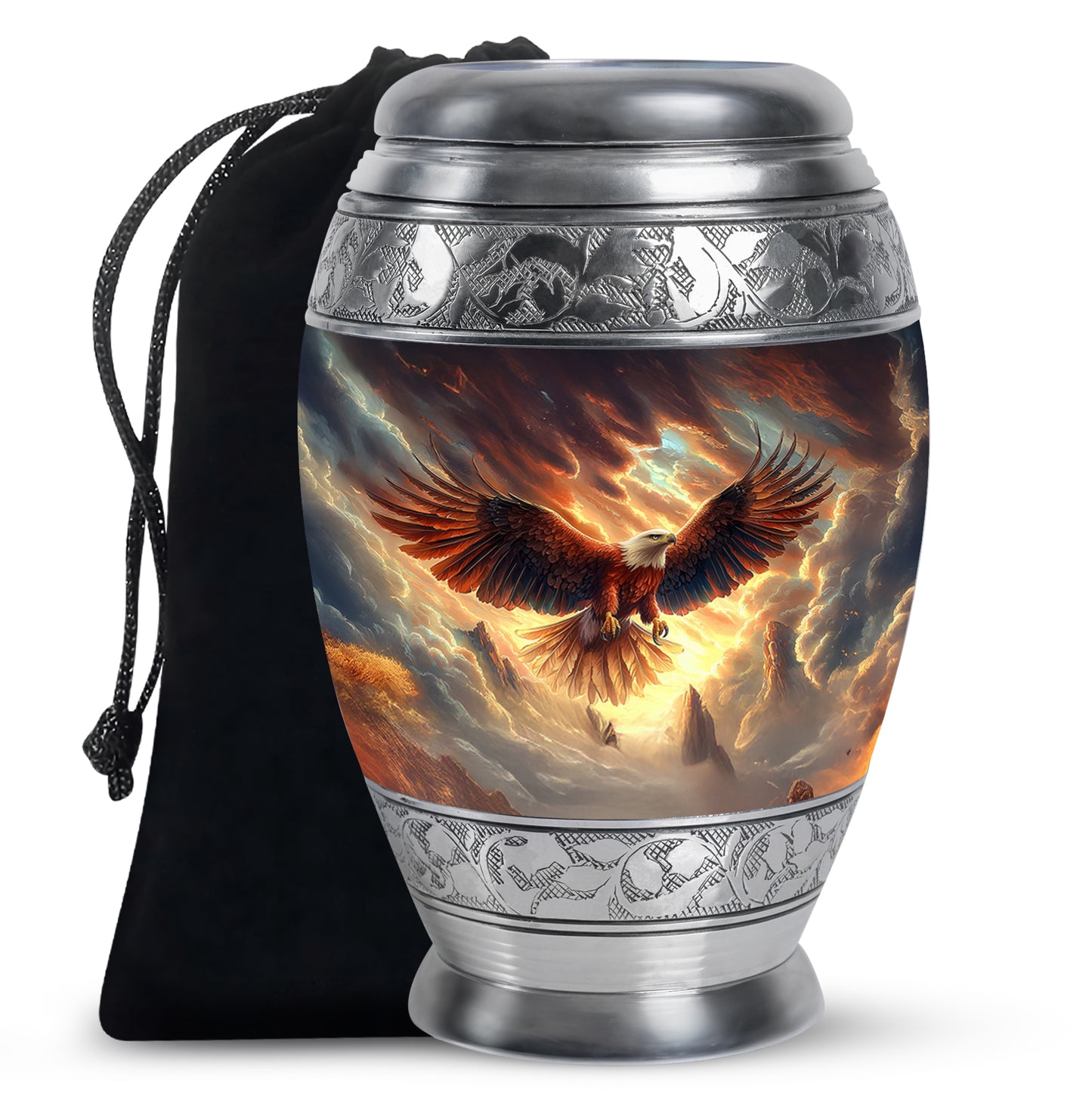 Midnight Black Eagle Cremation Urn back view with polished surface - majestic eagle pattern with filigree border - full-size 10 inch 200 cubic inch adult cremation urn