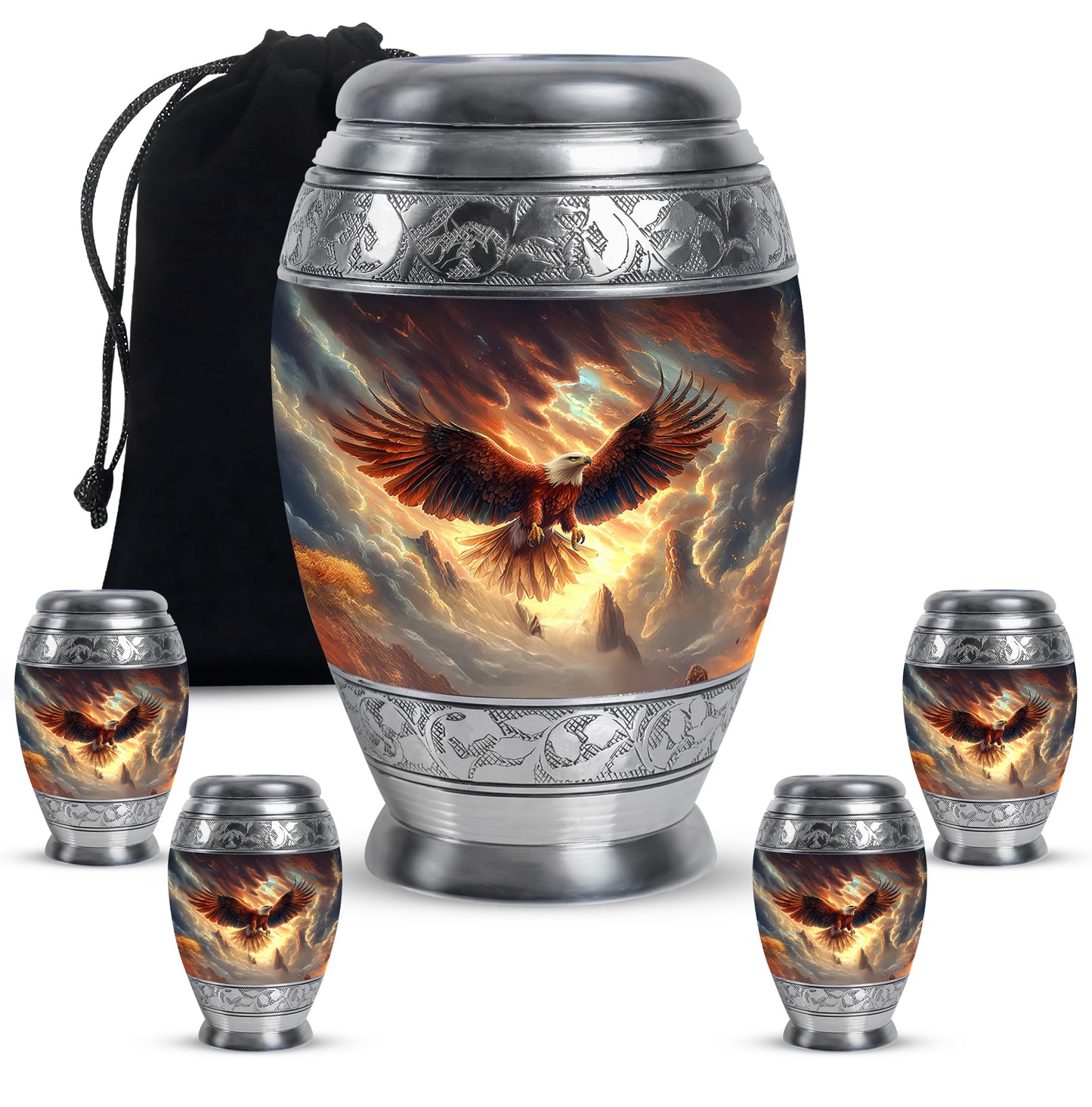 Glossy Black Eagle Cremation Urn detail view - regal eagle design with crown-inspired accents - memorial set with one large and four small urns