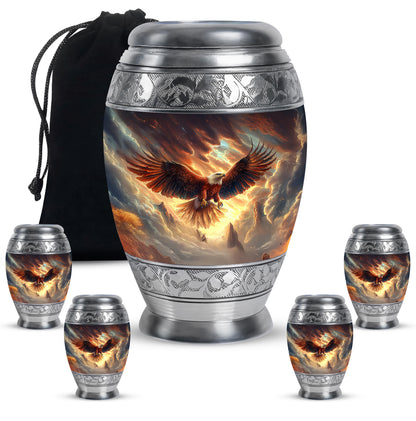 Glossy Black Eagle Cremation Urn detail view - regal eagle design with crown-inspired accents - memorial set with one large and four small urns