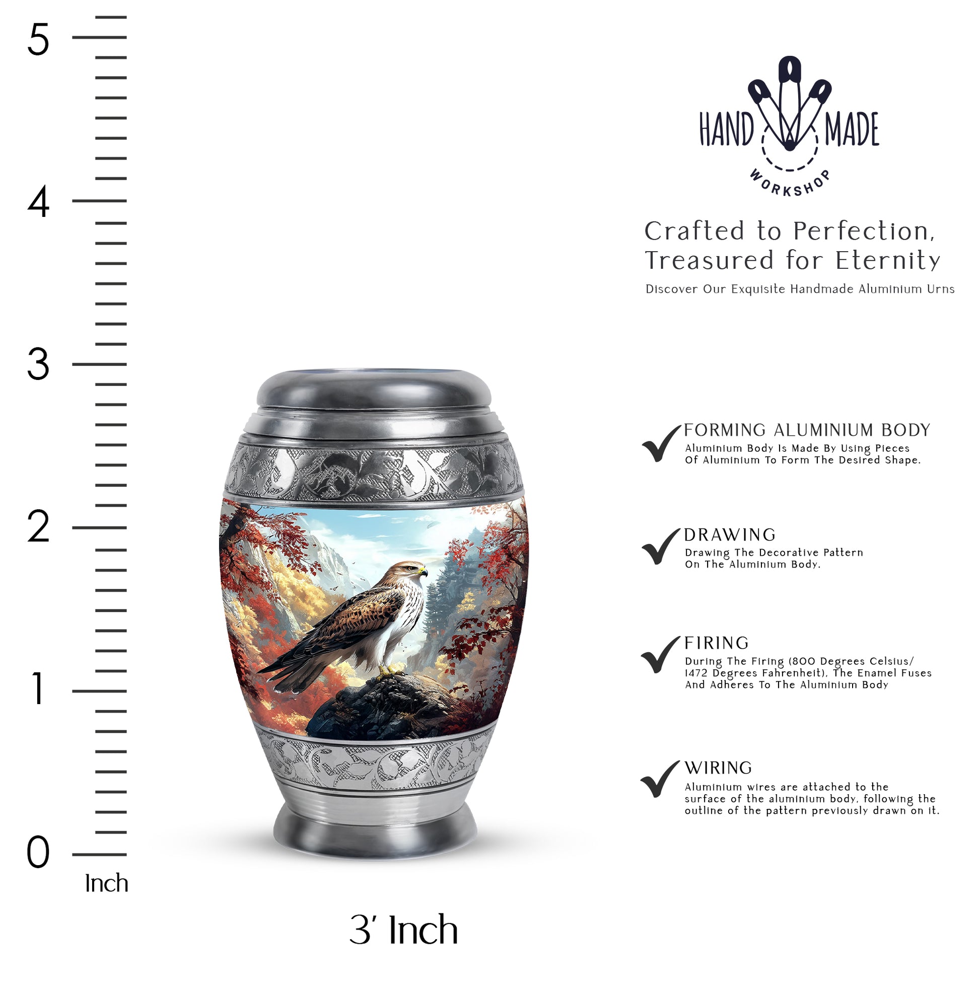Cornflower Blue Eagle Cremation Urn lifestyle display on memorial shelf - majestic eagle pattern with filigree border - mini keepsake memorial for portion of cremation ashes