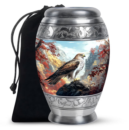 Steel Blue Eagle Cremation Urn back view with polished surface - majestic eagle pattern with filigree border - full-size 10 inch 200 cubic inch adult cremation urn