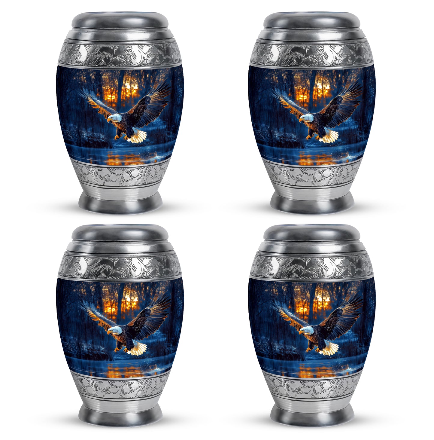 Twilight Blue Eagle Cremation Urn urn with complimentary velvet bag - royal eagle engraving with decorative scrollwork - 10 inch aluminum urn for cremated remains