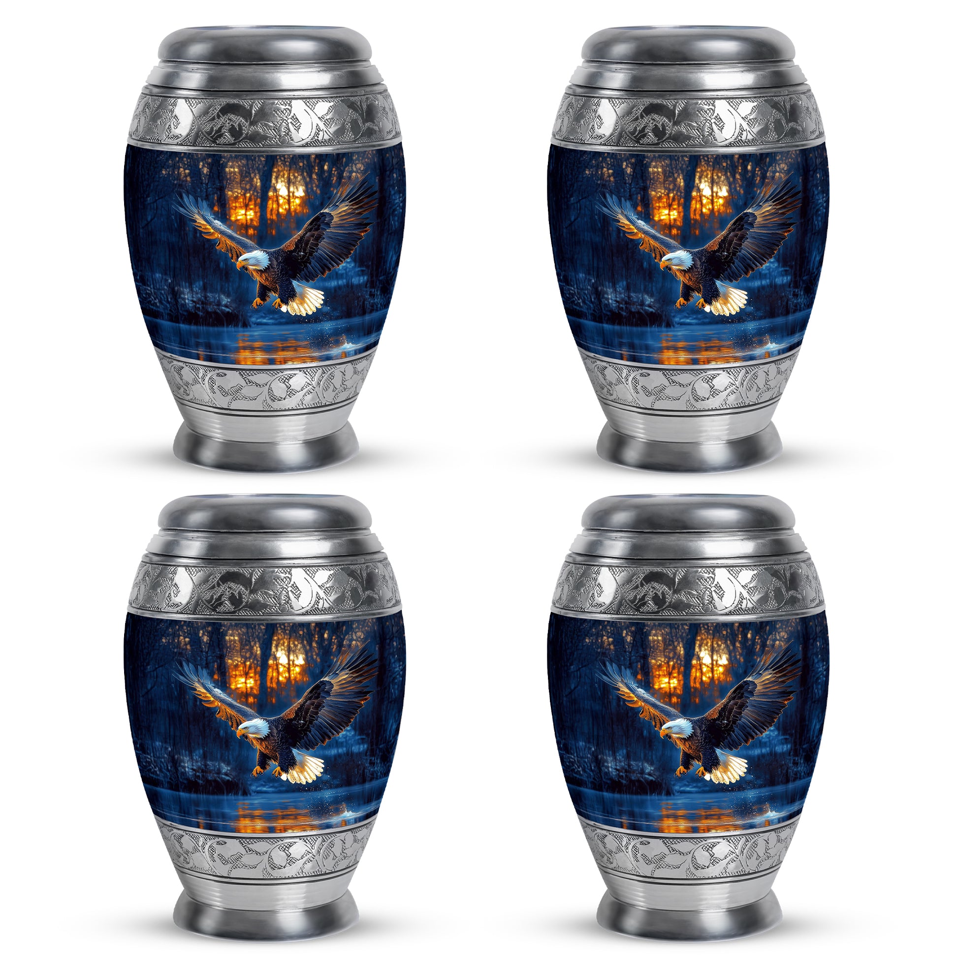 Twilight Blue Eagle Cremation Urn urn with complimentary velvet bag - royal eagle engraving with decorative scrollwork - 10 inch aluminum urn for cremated remains
