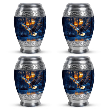 Twilight Blue Eagle Cremation Urn urn with complimentary velvet bag - royal eagle engraving with decorative scrollwork - 10 inch aluminum urn for cremated remains