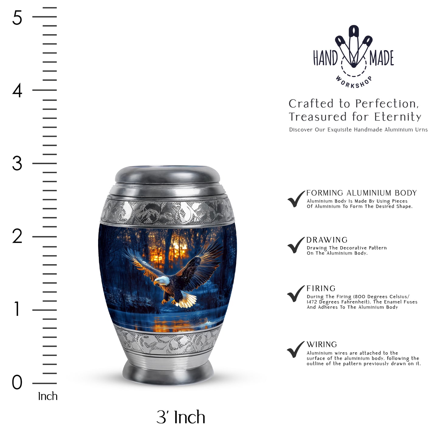 Twilight Blue Eagle Cremation Urn lifestyle display on memorial shelf - royal eagle engraving with decorative scrollwork - mini keepsake memorial for portion of cremation ashes