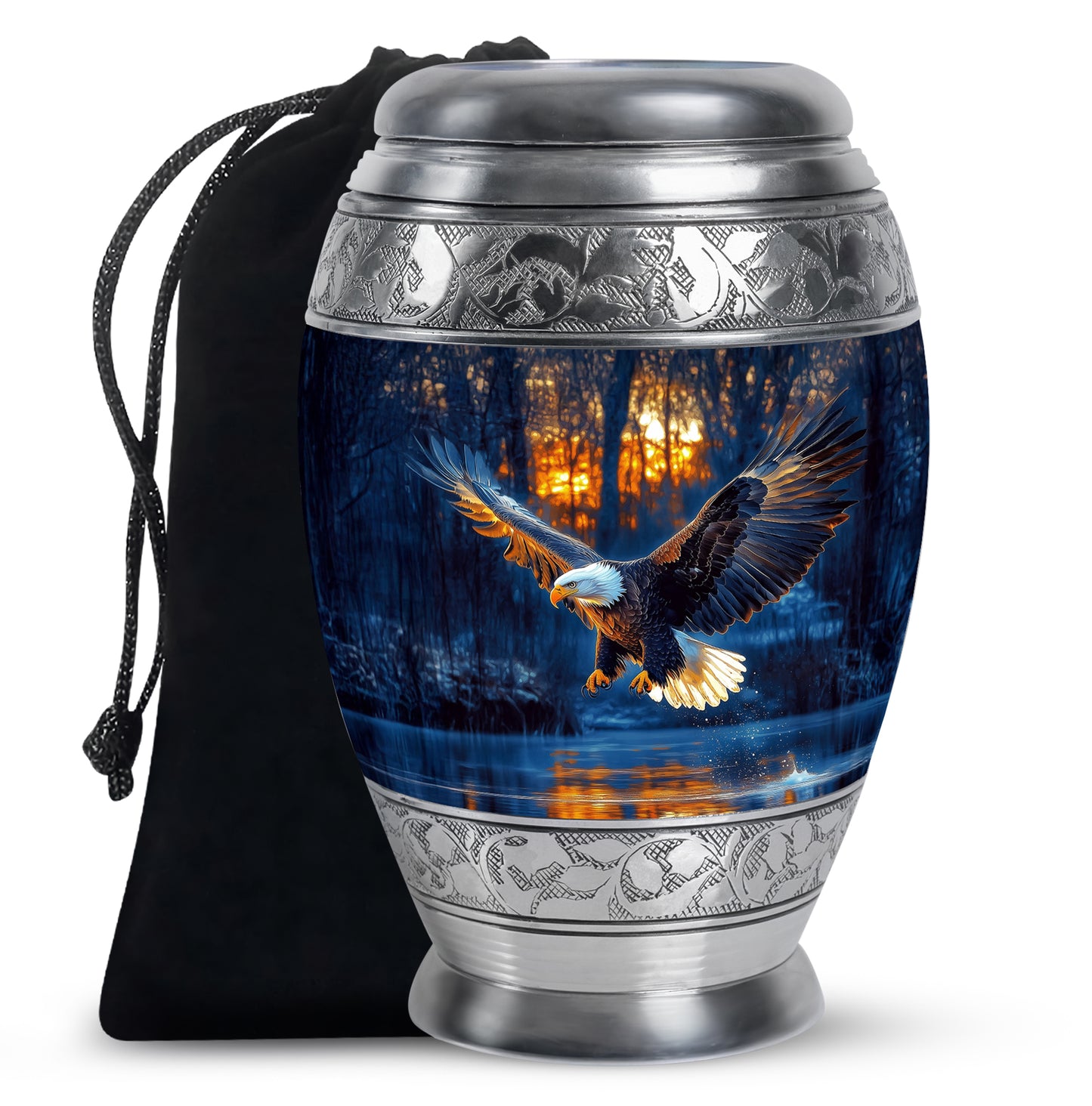 Cornflower Blue Eagle Cremation Urn back view with polished surface - royal eagle engraving with decorative scrollwork - full-size 10 inch 200 cubic inch adult cremation urn