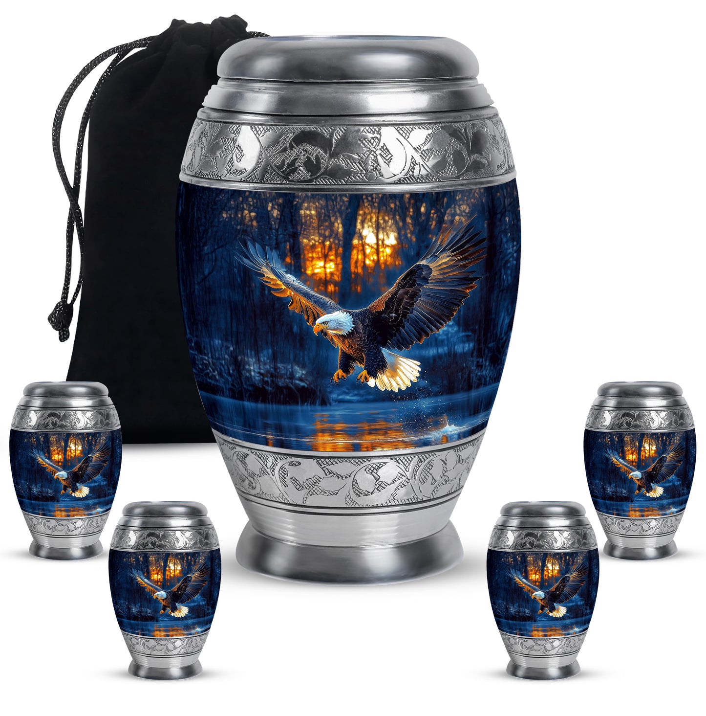 Powder Blue Eagle Cremation Urn detail view - ornate monarch-style eagle relief on brushed aluminum - memorial set with one large and four small urns