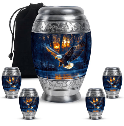 Powder Blue Eagle Cremation Urn detail view - ornate monarch-style eagle relief on brushed aluminum - memorial set with one large and four small urns