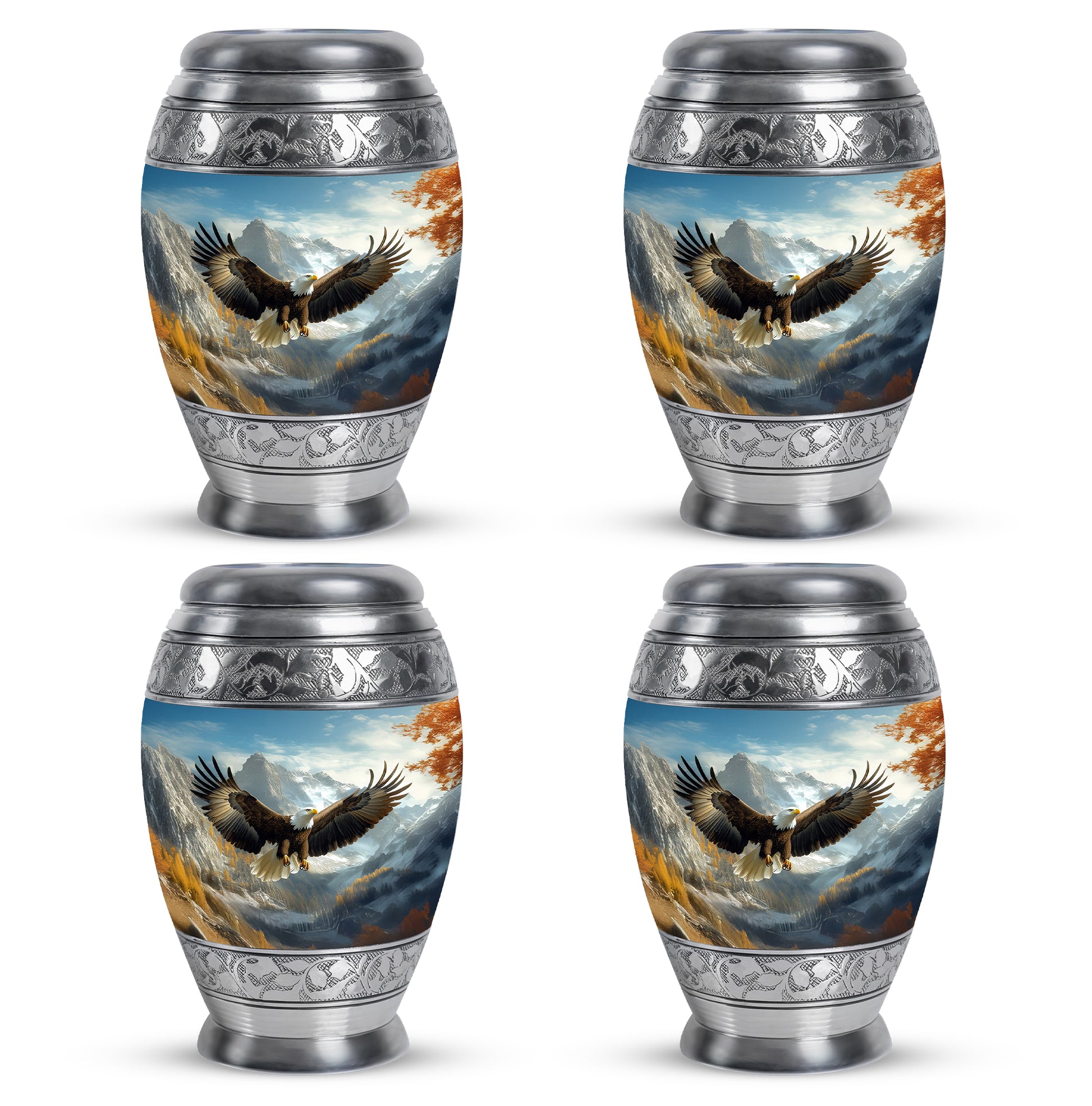 Vivid Blue Eagle Cremation Urn urn with complimentary velvet bag - majestic eagle pattern with filigree border - 10 inch aluminum urn for cremated remains