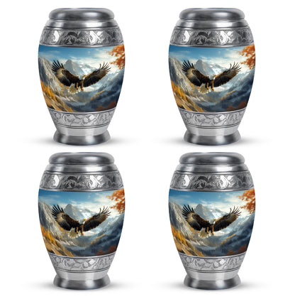 Vivid Blue Eagle Cremation Urn urn with complimentary velvet bag - majestic eagle pattern with filigree border - 10 inch aluminum urn for cremated remains