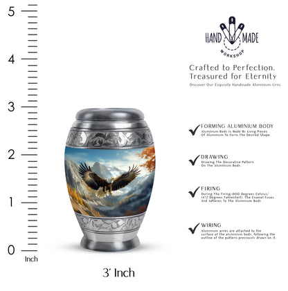 Dusty Blue Eagle Cremation Urn lifestyle display on memorial shelf - regal eagle design with crown-inspired accents - mini keepsake memorial for portion of cremation ashes