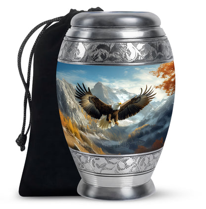 Dusty Blue Eagle Cremation Urn back view with polished surface - ornate monarch-style eagle relief on brushed aluminum - full-size 10 inch 200 cubic inch adult cremation urn