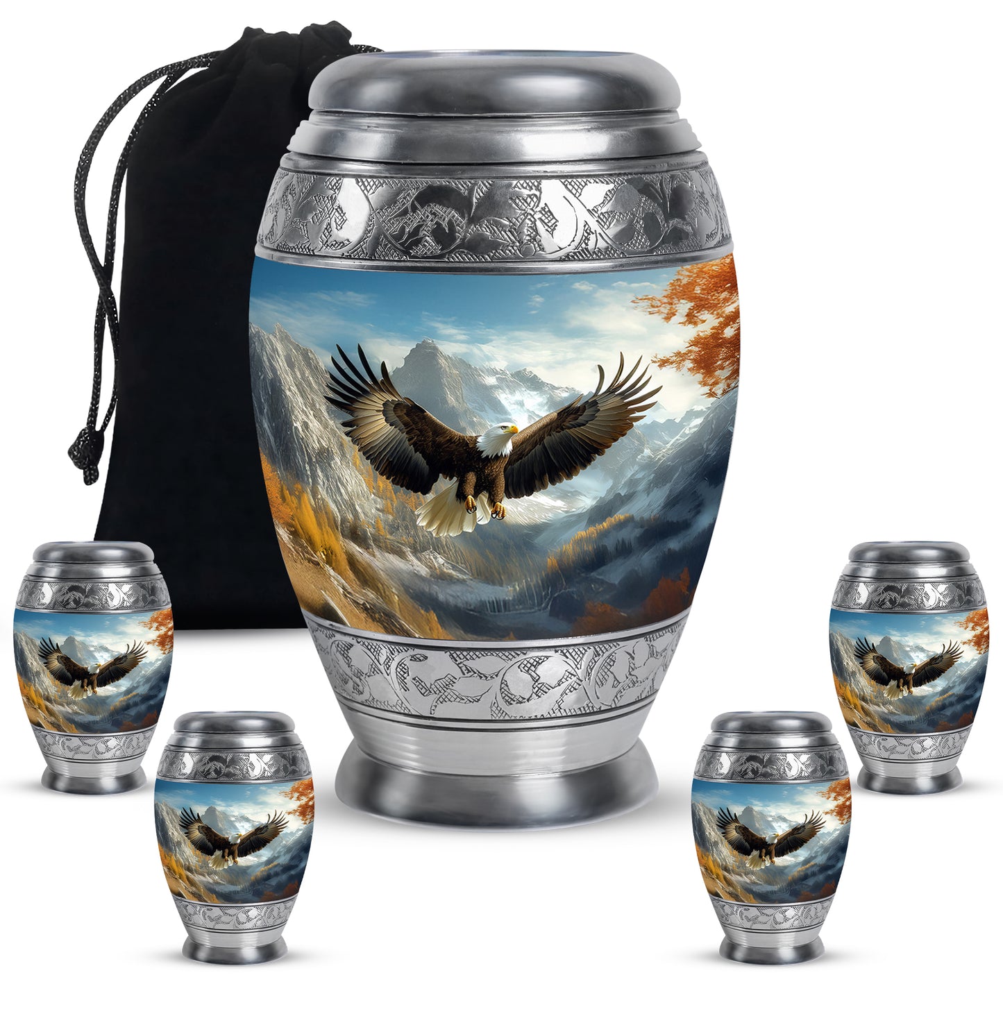 Bright Blue Eagle Cremation Urn detail view - royal eagle engraving with decorative scrollwork - memorial set with one large and four small urns
