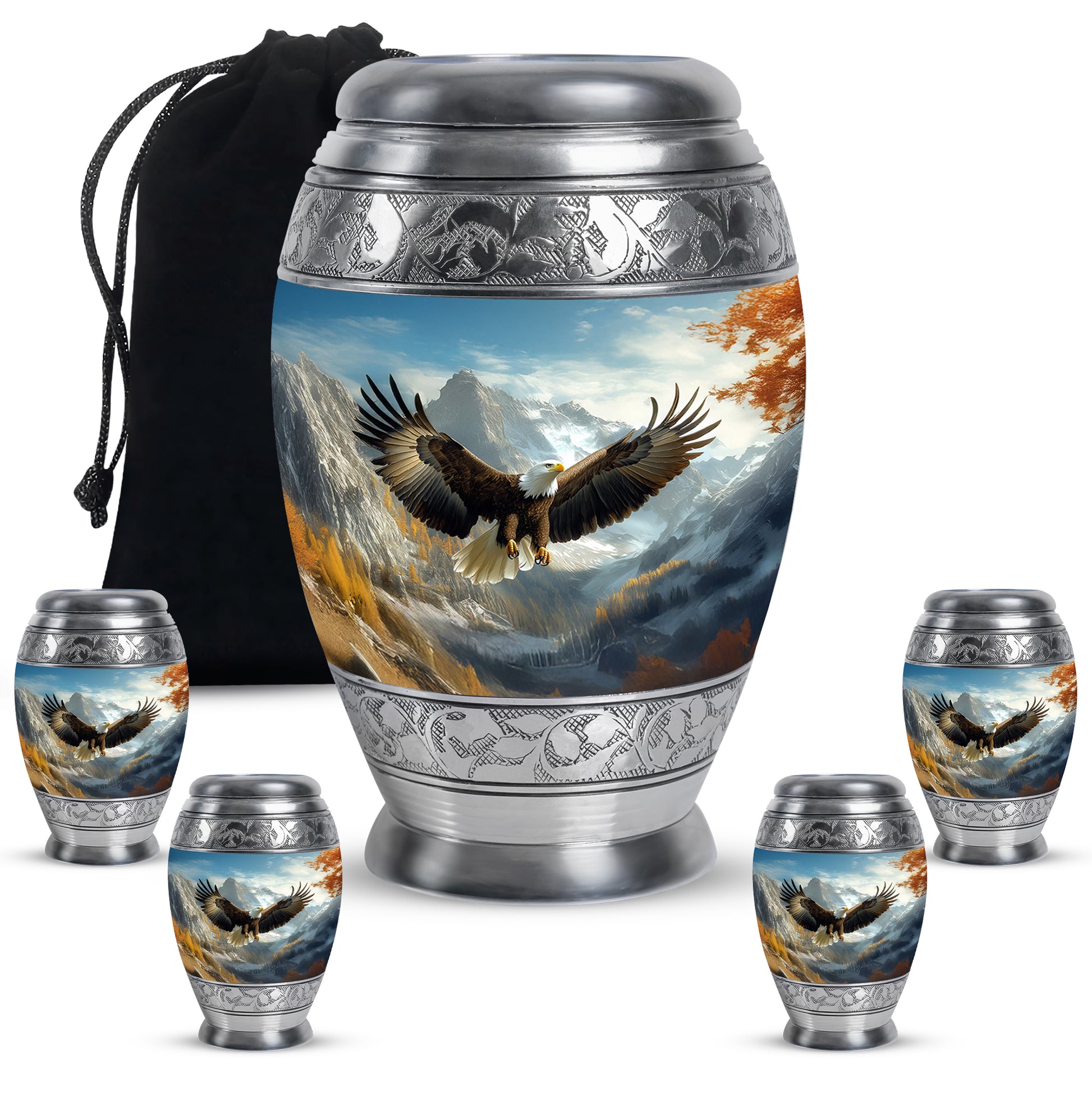Bright Blue Eagle Cremation Urn detail view - royal eagle engraving with decorative scrollwork - memorial set with one large and four small urns