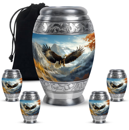 Bright Blue Eagle Cremation Urn detail view - royal eagle engraving with decorative scrollwork - memorial set with one large and four small urns