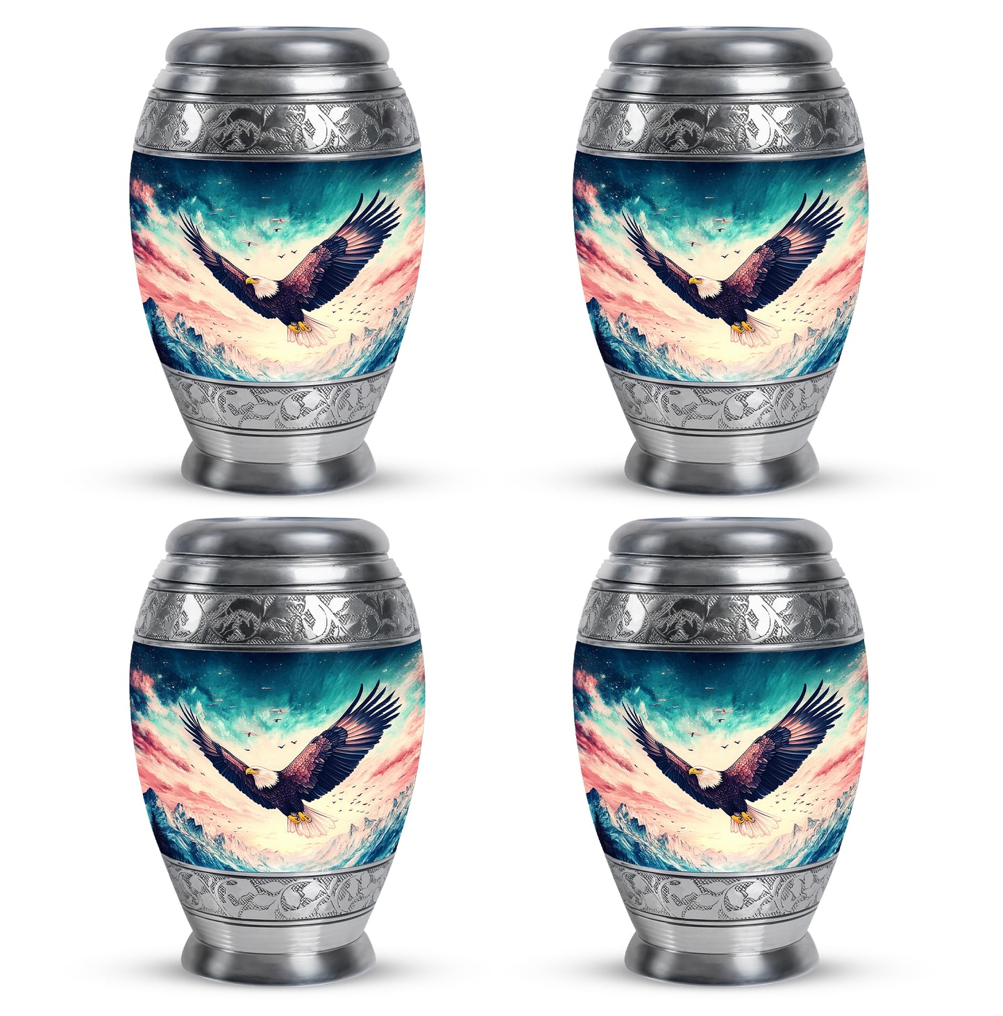 Bright Blue Eagle Cremation Urn urn with complimentary velvet bag - royal eagle engraving with decorative scrollwork - 10 inch aluminum urn for cremated remains