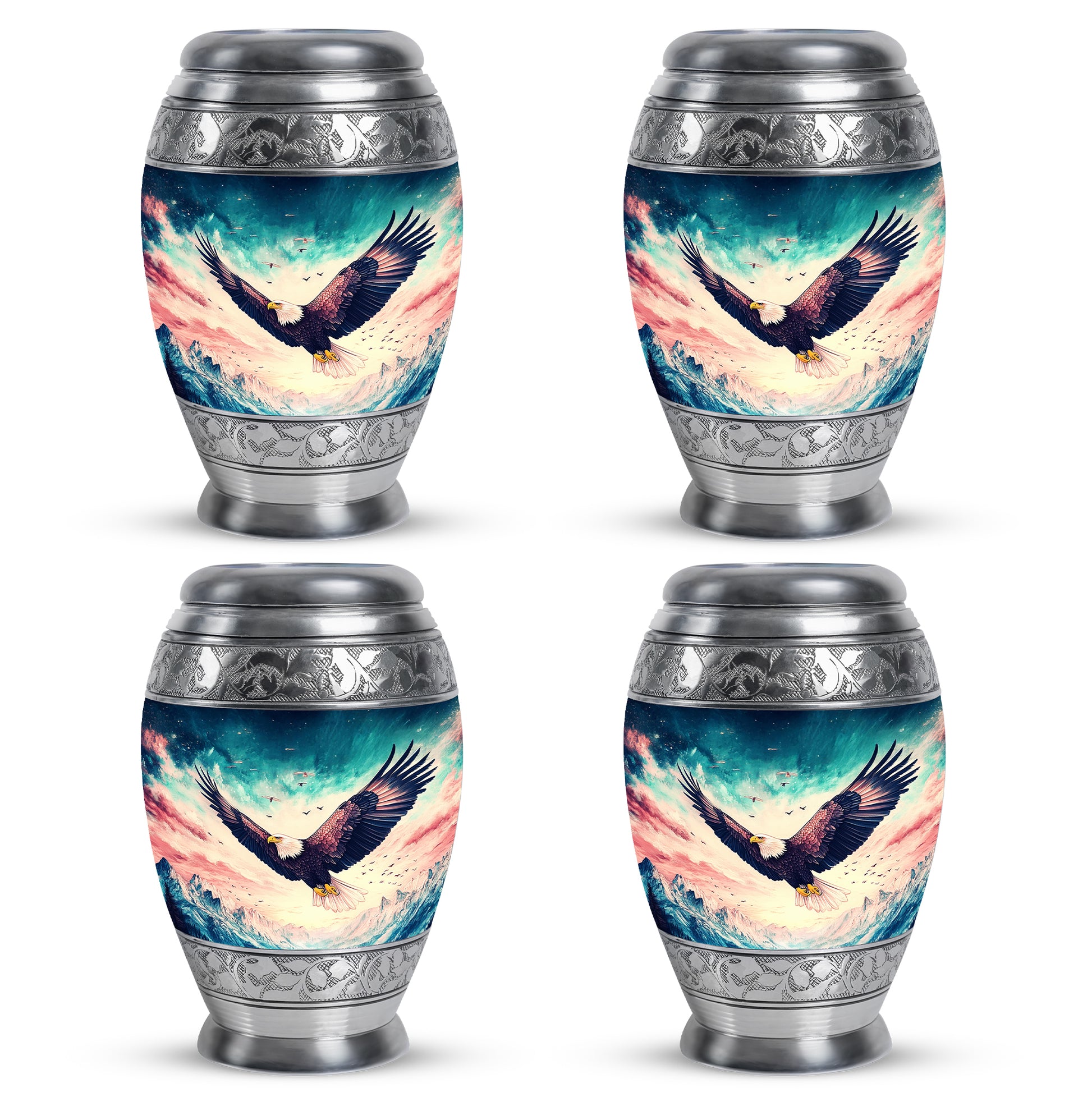 Bright Blue Eagle Cremation Urn urn with complimentary velvet bag - royal eagle engraving with decorative scrollwork - 10 inch aluminum urn for cremated remains