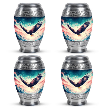 Bright Blue Eagle Cremation Urn urn with complimentary velvet bag - royal eagle engraving with decorative scrollwork - 10 inch aluminum urn for cremated remains