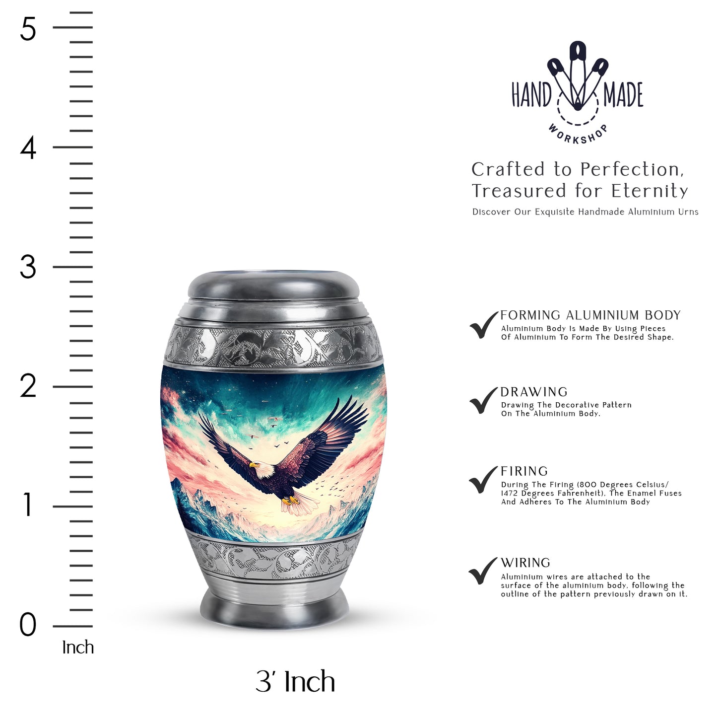 Vivid Blue Eagle Cremation Urn lifestyle display on memorial shelf - majestic eagle pattern with filigree border - mini keepsake memorial for portion of cremation ashes