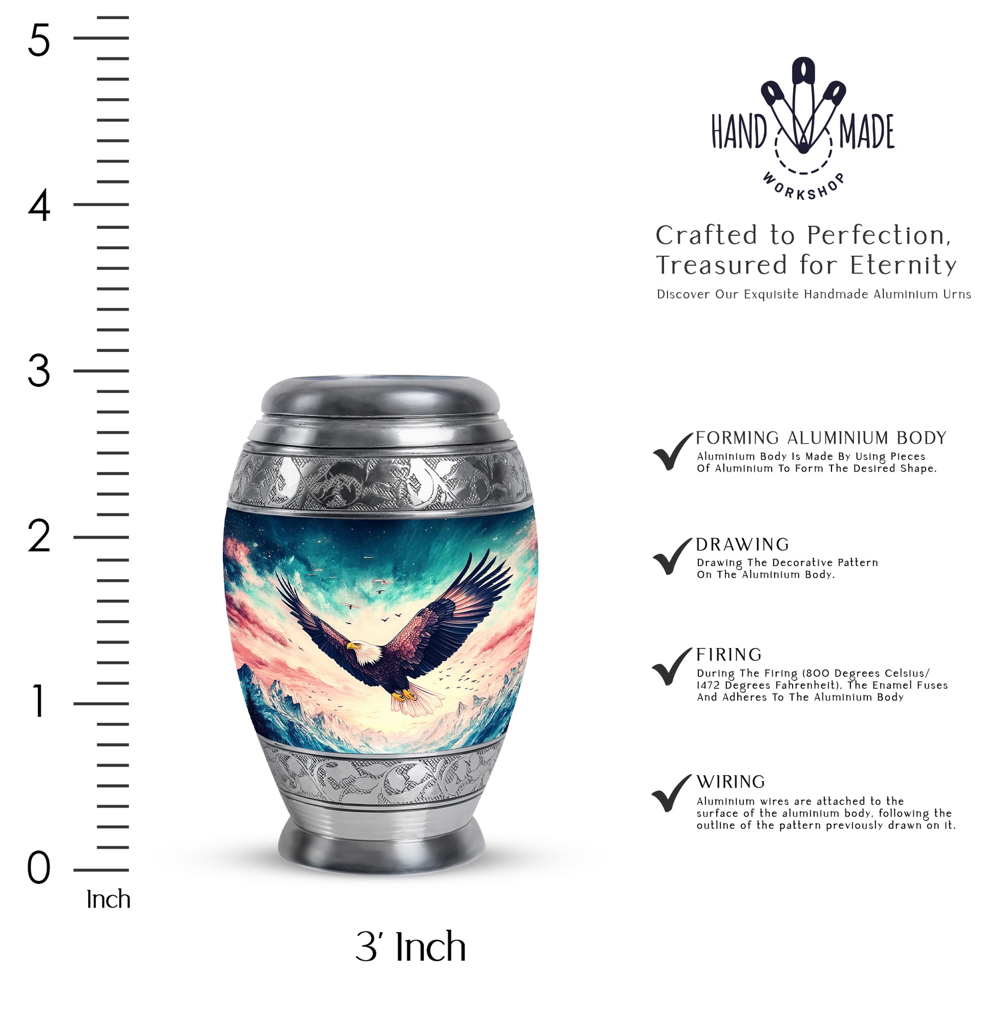 Vivid Blue Eagle Cremation Urn lifestyle display on memorial shelf - majestic eagle pattern with filigree border - mini keepsake memorial for portion of cremation ashes