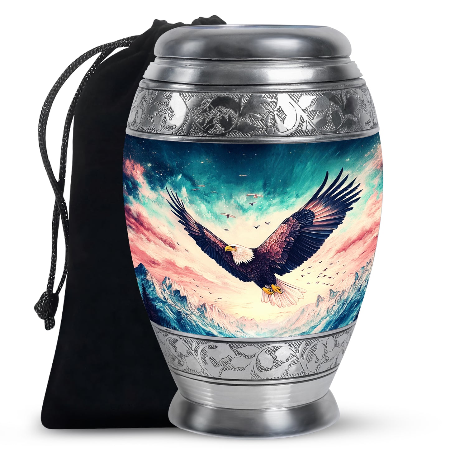 Azure Eagle Cremation Urn back view with polished surface - regal eagle design with crown-inspired accents - full-size 10 inch 200 cubic inch adult cremation urn