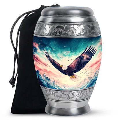 Azure Eagle Cremation Urn back view with polished surface - regal eagle design with crown-inspired accents - full-size 10 inch 200 cubic inch adult cremation urn