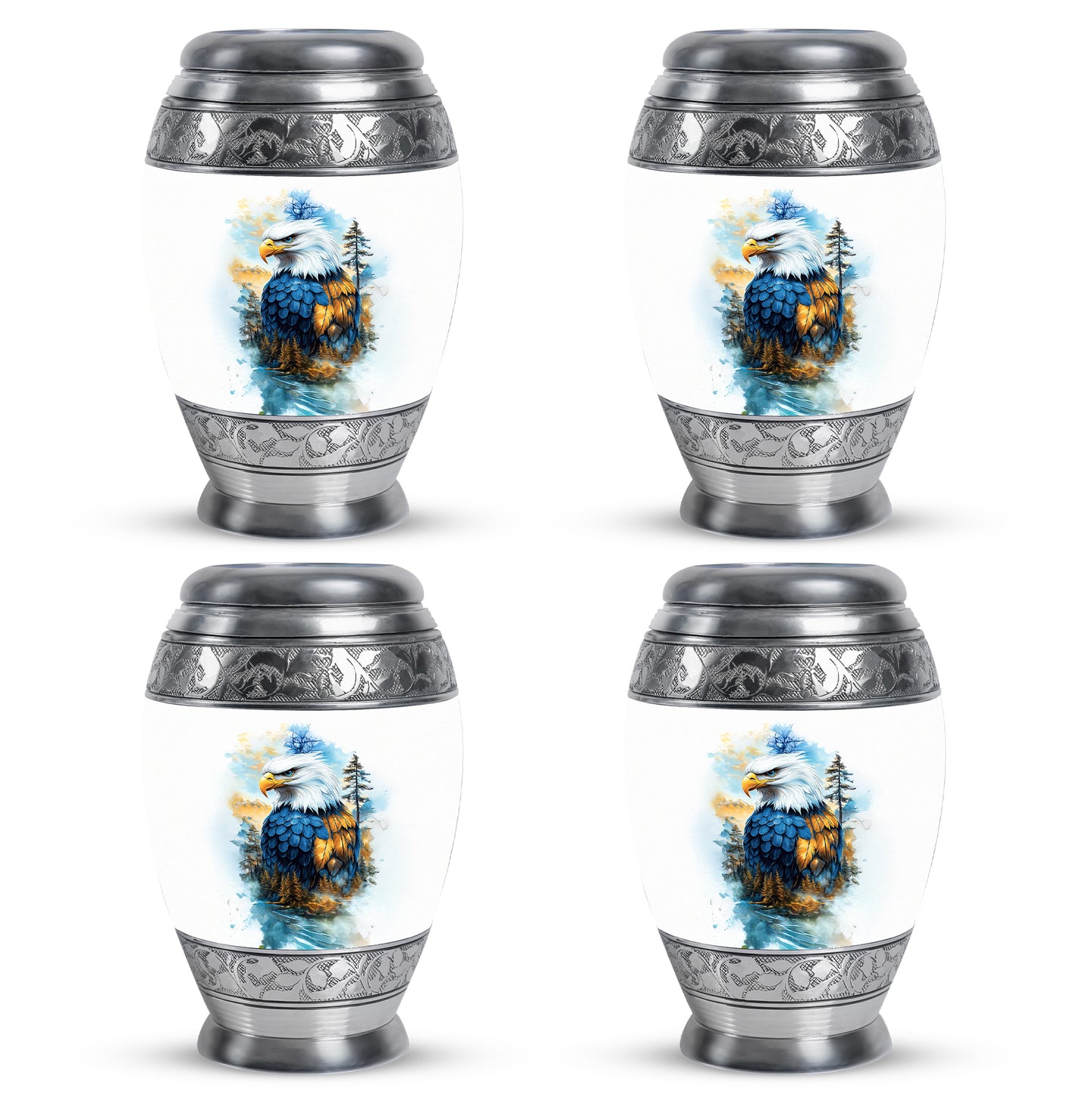 Frosted Silver Eagle Cremation Urn urn with complimentary velvet bag - royal eagle engraving with decorative scrollwork - 10 inch aluminum urn for cremated remains