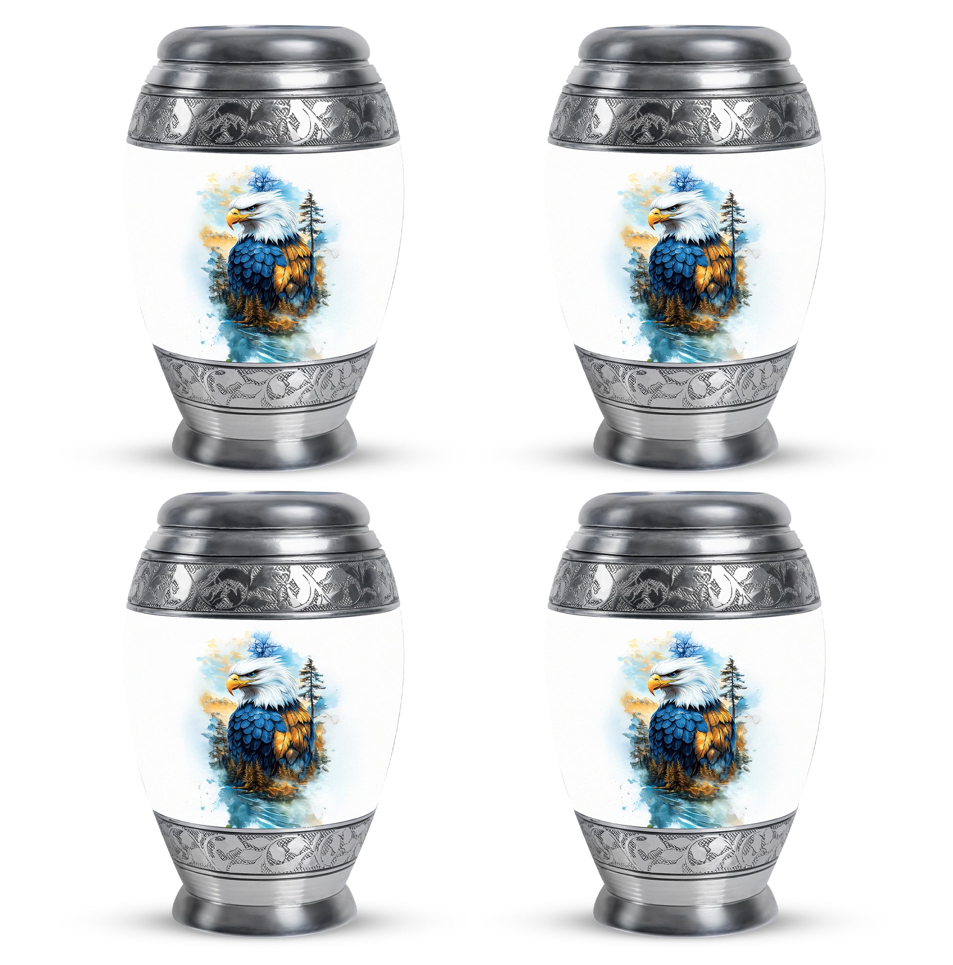 Frosted Silver Eagle Cremation Urn urn with complimentary velvet bag - royal eagle engraving with decorative scrollwork - 10 inch aluminum urn for cremated remains