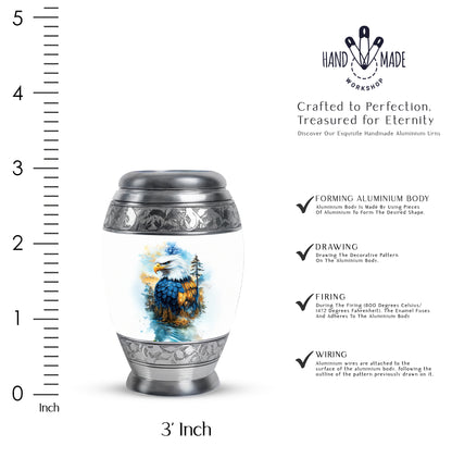 Satin Silver Eagle Cremation Urn lifestyle display on memorial shelf - ornate monarch-style eagle relief on brushed aluminum - mini keepsake memorial for portion of cremation ashes