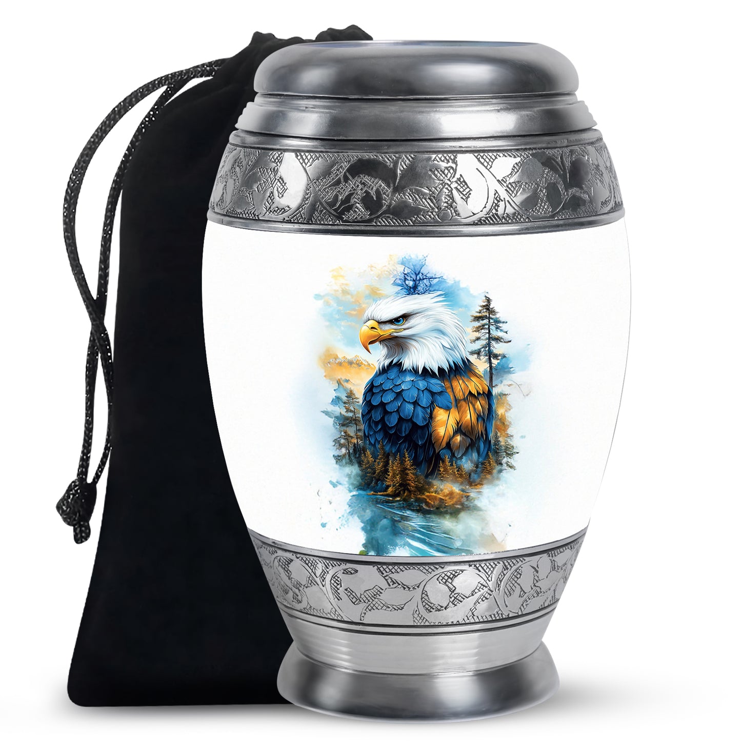 Chrome Silver Eagle Cremation Urn back view with polished surface - majestic eagle pattern with filigree border - full-size 10 inch 200 cubic inch adult cremation urn
